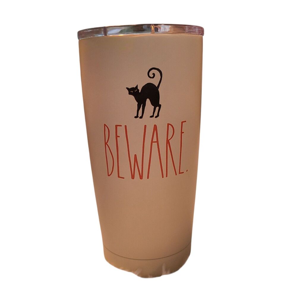Rae Dunn Beware Tumbler Halloween White Black Cat New 17oz Coffee Travel Mug